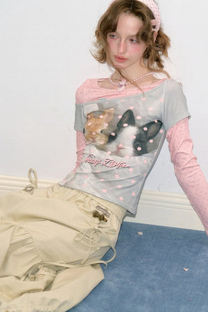 Color-Block Patchwork Rabbit Print Long Sleeve Top
