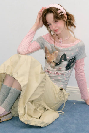 Color-Block Patchwork Rabbit Print Long Sleeve Top