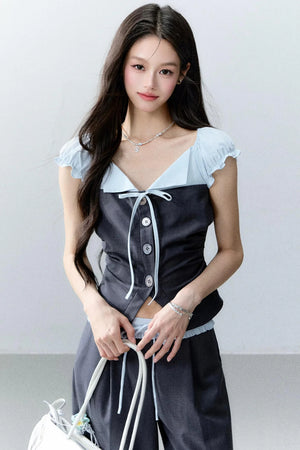 Color-Block Patchwork Top and Pants Set-Up