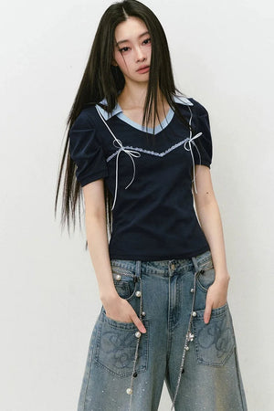 Color-Block Polo Bow Blouse