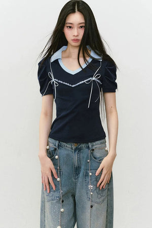 Color-Block Polo Bow Blouse