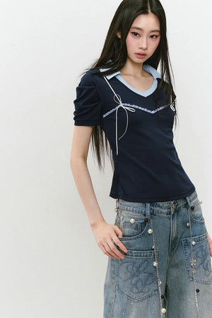 Color-Block Polo Bow Blouse