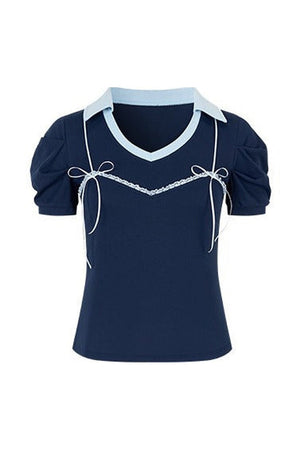 Color-Block Polo Bow Blouse