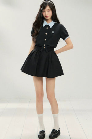 Color-Block Short-Sleeve Cardigan and Puffy Skirt Set