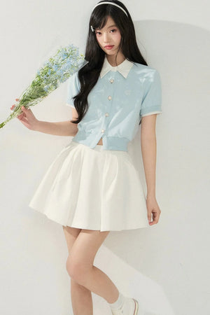 Color-Block Short-Sleeve Cardigan and Puffy Skirt Set