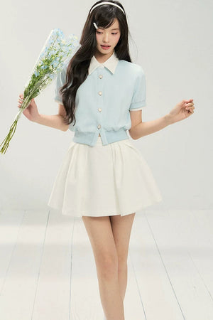 Color-Block Short-Sleeve Cardigan and Puffy Skirt Set