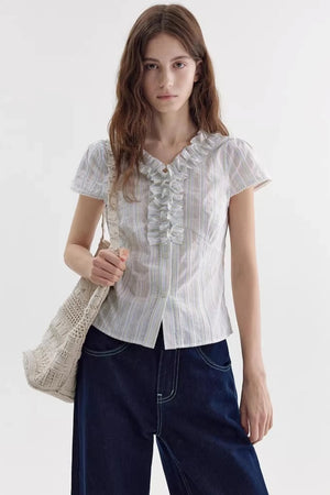 Color-Block Striped Ruffled Blouse