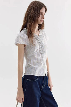 Color-Block Striped Ruffled Blouse