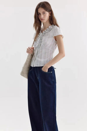 Color-Block Striped Ruffled Blouse