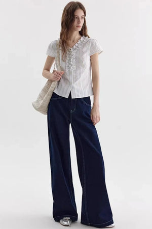Color-Block Striped Ruffled Blouse
