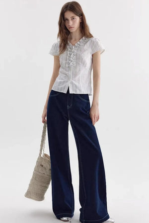 Color-Block Striped Ruffled Blouse
