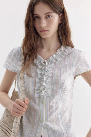 Color-Block Striped Ruffled Blouse