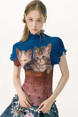 Color-Blocked Cat Print Blouse