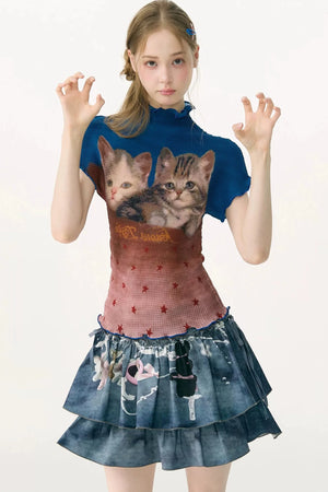 Color-Blocked Cat Print Blouse