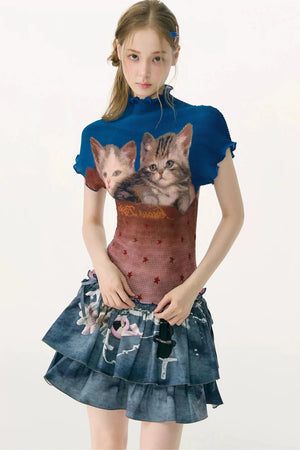 Color-Blocked Cat Print Blouse