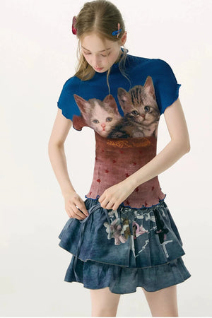 Color-Blocked Cat Print Blouse