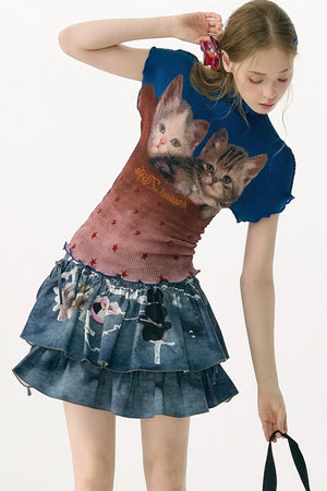 Color-Blocked Cat Print Blouse
