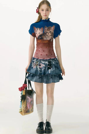 Color-Blocked Cat Print Blouse