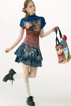 Color-Blocked Cat Print Blouse