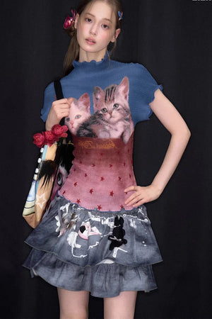 Color-Blocked Cat Print Blouse
