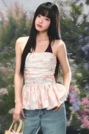 Color-Blocked Floral Halter Camisole Set-Up