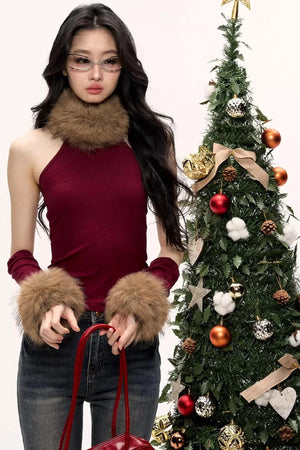 Color-Blocked Fur Collar Vest