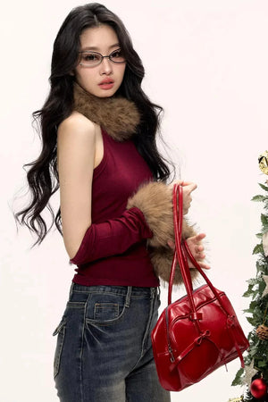 Color-Blocked Fur Collar Vest