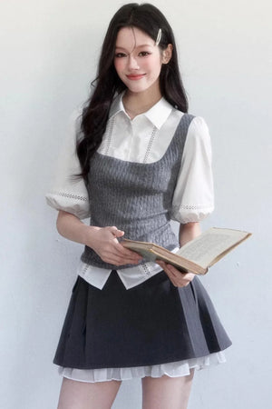 Color-Blocked Puff Sleeve Shirt Set-Up