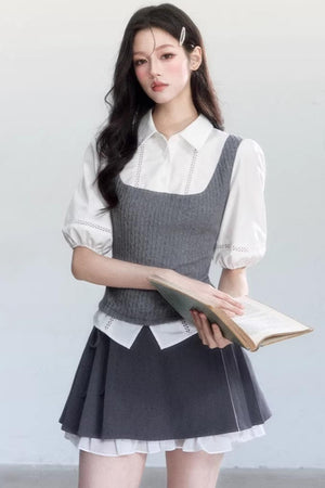 Color-Blocked Puff Sleeve Shirt Set-Up