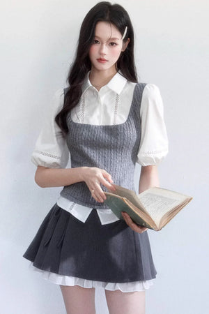 Color-Blocked Puff Sleeve Shirt Set-Up