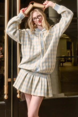 Comfortable Blue Plaid Pleated Jacket Set-Up