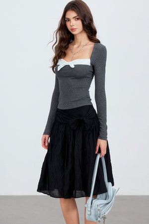 Contrast Bow Square Neck Long-Sleeve Top