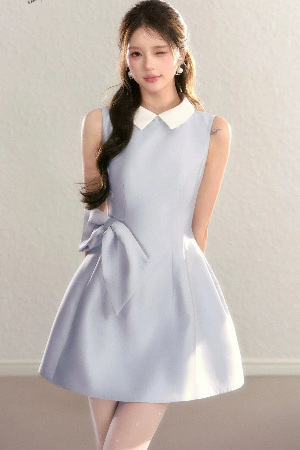 Contrast Collar Puffy Dress