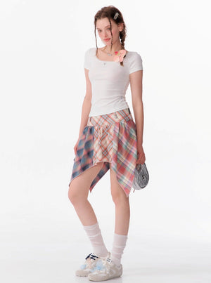 Contrast Stitching Pink Plaid Skirt