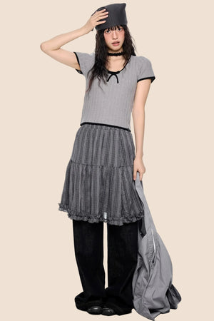 Contrast Striped Bow Knit Top