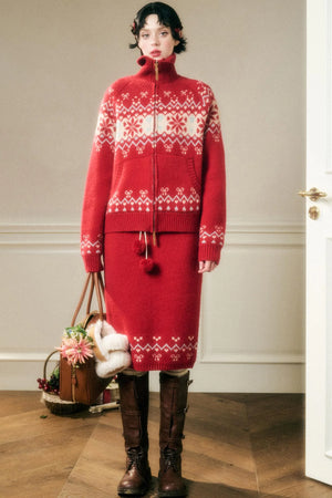 Contrast Wool Sweater Skirt Set-Up