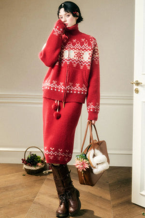 Contrast Wool Sweater Skirt Set-Up