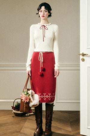 Contrast Wool Sweater Skirt Set-Up