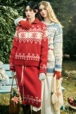 Contrast Wool Sweater Skirt Set-Up