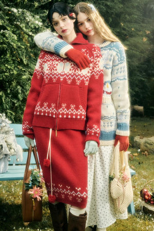 Contrast Wool Sweater Skirt Set-Up
