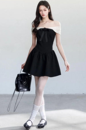 Contrasting Color Off-Shoulder Dress