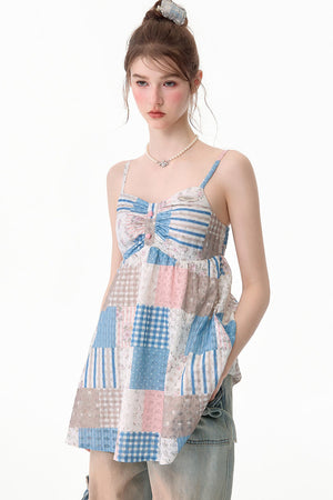Contrasting Floral Plaid Tank Top