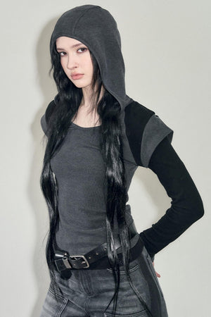 Contrasting Long-Sleeve Hooded Top