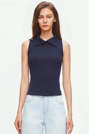 Convertible Collar Sleeveless Knit Top