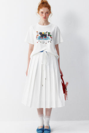 Cotton Elastic Waist Pleated Midi Skirt