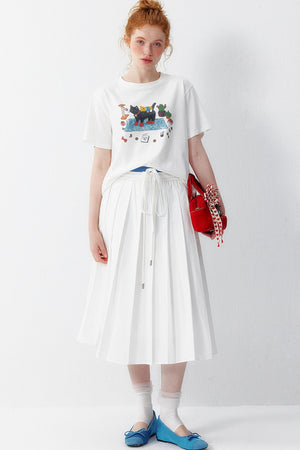 Cotton Elastic Waist Pleated Midi Skirt