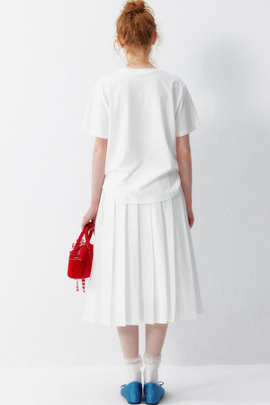 Cotton Elastic Waist Pleated Midi Skirt