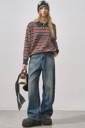 Cotton Wool Striped Polo Sweater