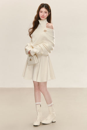 Cream Sleeveless Turtleneck Dress with Off-Shoulder Sweater Set-Up