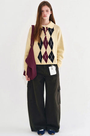 Cream Yellow Argyle Knit Sweater